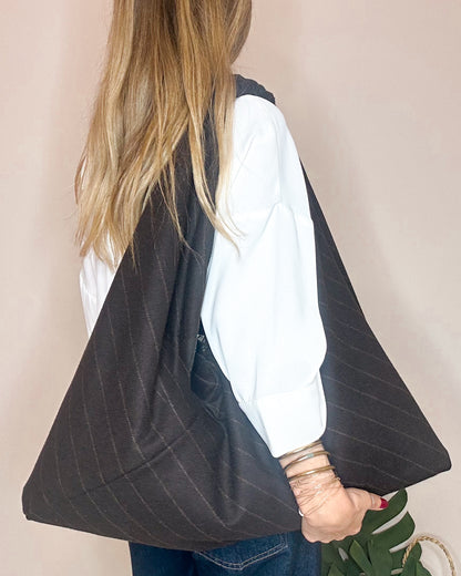 Borsa JOLANDA lato marrone rigato - design reversibile in misto lana