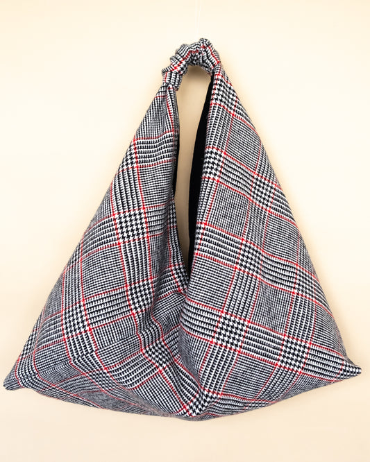 Borsa reversibile ORNELLA in misto lana principe di Galles con tocchi rossi
