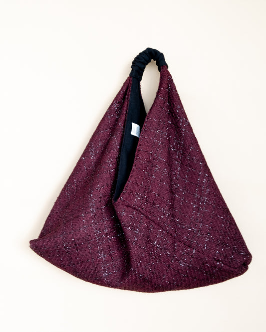 Borsa reversibile Claudine in lamè burgundy e lana, vista frontale